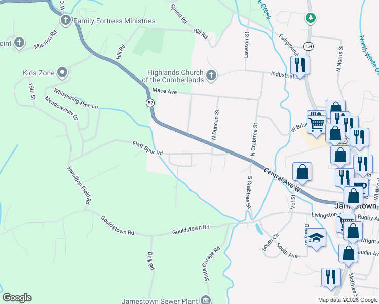 map of restaurants, bars, coffee shops, grocery stores, and more near 604 Knepp Circle in Jamestown