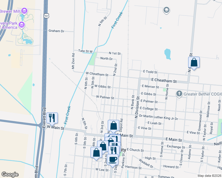 map of restaurants, bars, coffee shops, grocery stores, and more near 215 East Gibbs Street in Union City