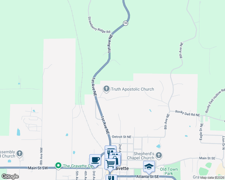 map of restaurants, bars, coffee shops, grocery stores, and more near 210 White Oak Drive Northeast in Gravette
