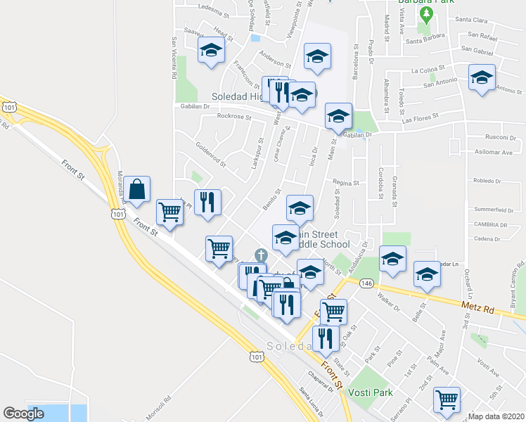 map of restaurants, bars, coffee shops, grocery stores, and more near 298 North Street in Soledad