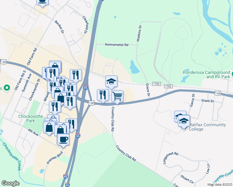 map of restaurants, bars, coffee shops, grocery stores, and more near 1408 Woodruff Road in Weldon