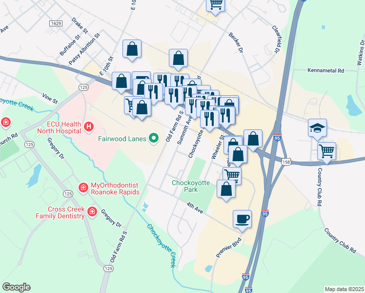 map of restaurants, bars, coffee shops, grocery stores, and more near 211 Summitt Avenue in Roanoke Rapids