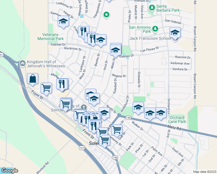 map of restaurants, bars, coffee shops, grocery stores, and more near 566 Main Street in Soledad