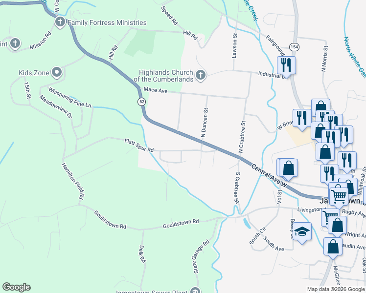 map of restaurants, bars, coffee shops, grocery stores, and more near 511 East Central Avenue in Jamestown