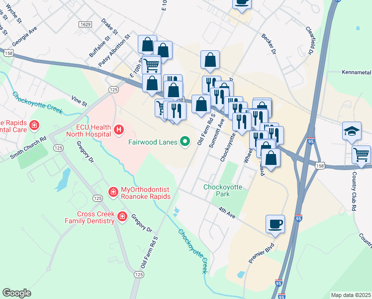 map of restaurants, bars, coffee shops, grocery stores, and more near 201 Old Farm Road in Roanoke Rapids
