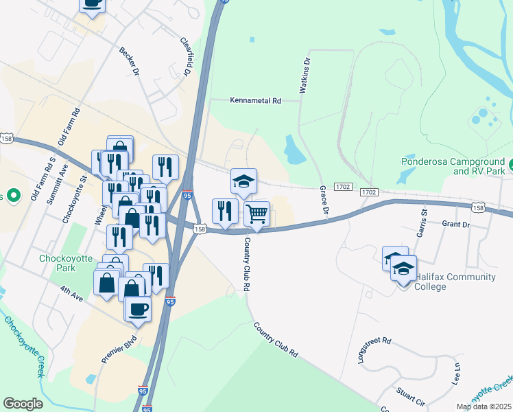 map of restaurants, bars, coffee shops, grocery stores, and more near 1408 Woodruff Road in Weldon