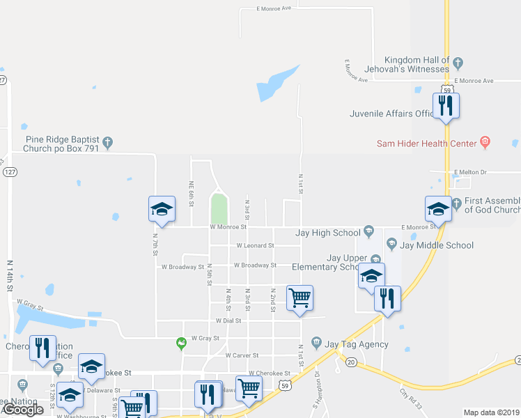 map of restaurants, bars, coffee shops, grocery stores, and more near 929 Northwest 2nd Street in Jay