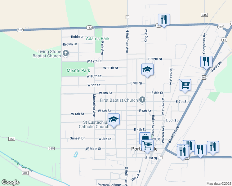 map of restaurants, bars, coffee shops, grocery stores, and more near 800 Meatte Avenue in Portageville