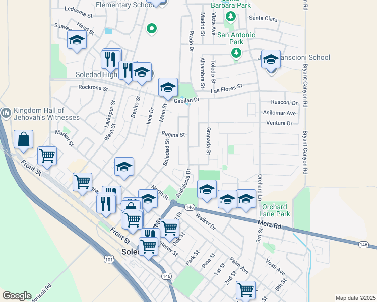 map of restaurants, bars, coffee shops, grocery stores, and more near 624 Andalucia Drive in Soledad