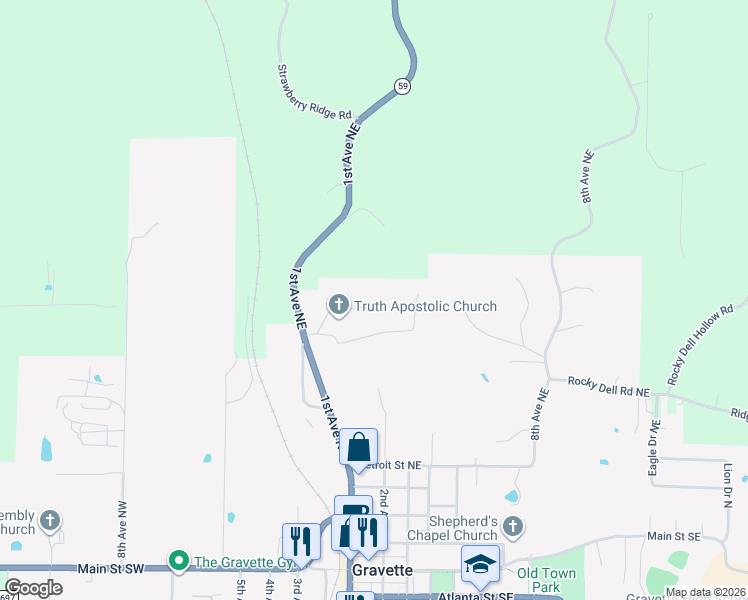 map of restaurants, bars, coffee shops, grocery stores, and more near 210 White Oak Drive Northeast in Gravette
