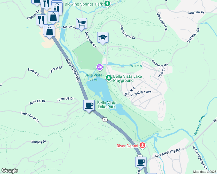 map of restaurants, bars, coffee shops, grocery stores, and more near Cold Cave Road in Bentonville