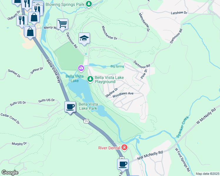 map of restaurants, bars, coffee shops, grocery stores, and more near 4 Mountain Drive in Bella Vista