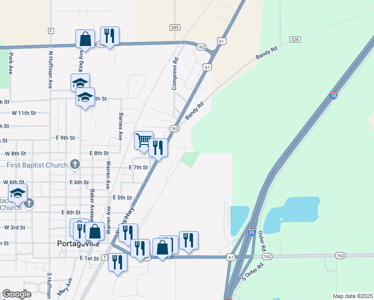 map of restaurants, bars, coffee shops, grocery stores, and more near 909 Foster Avenue in Portageville