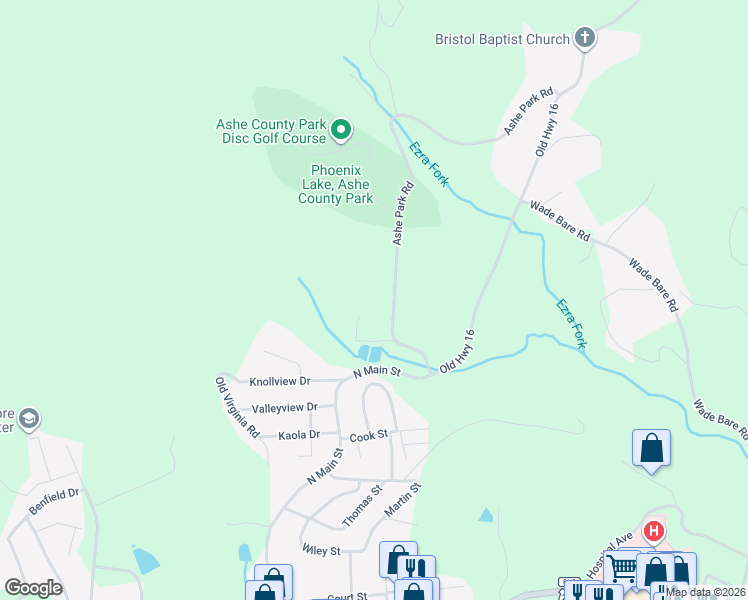 map of restaurants, bars, coffee shops, grocery stores, and more near 323 Ashe Park Road in Jefferson