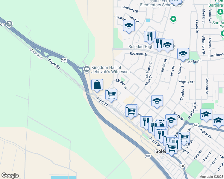 map of restaurants, bars, coffee shops, grocery stores, and more near 41 San Vicente Road in Soledad