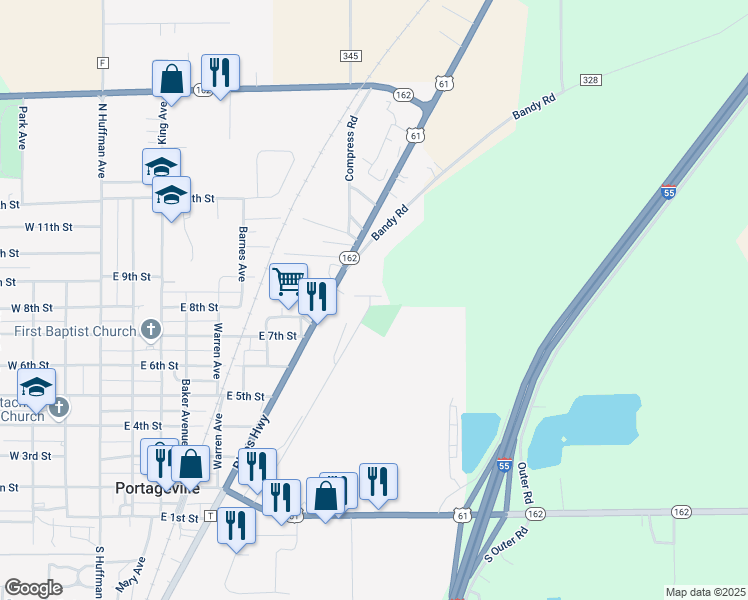 map of restaurants, bars, coffee shops, grocery stores, and more near 909 Foster Avenue in Portageville