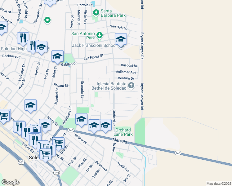 map of restaurants, bars, coffee shops, grocery stores, and more near 606 Molera Street in Soledad