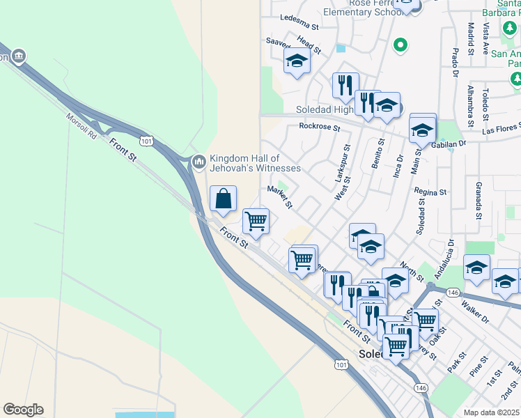 map of restaurants, bars, coffee shops, grocery stores, and more near 41 San Vicente Road in Soledad