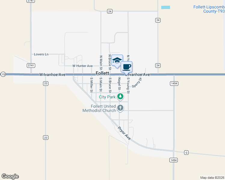 map of restaurants, bars, coffee shops, grocery stores, and more near 200-298 South Bruce Street in Follett