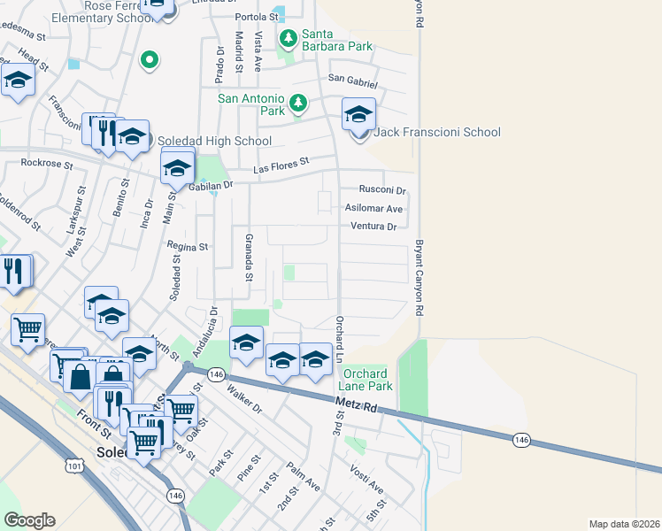 map of restaurants, bars, coffee shops, grocery stores, and more near 570 Tankersley Street in Soledad