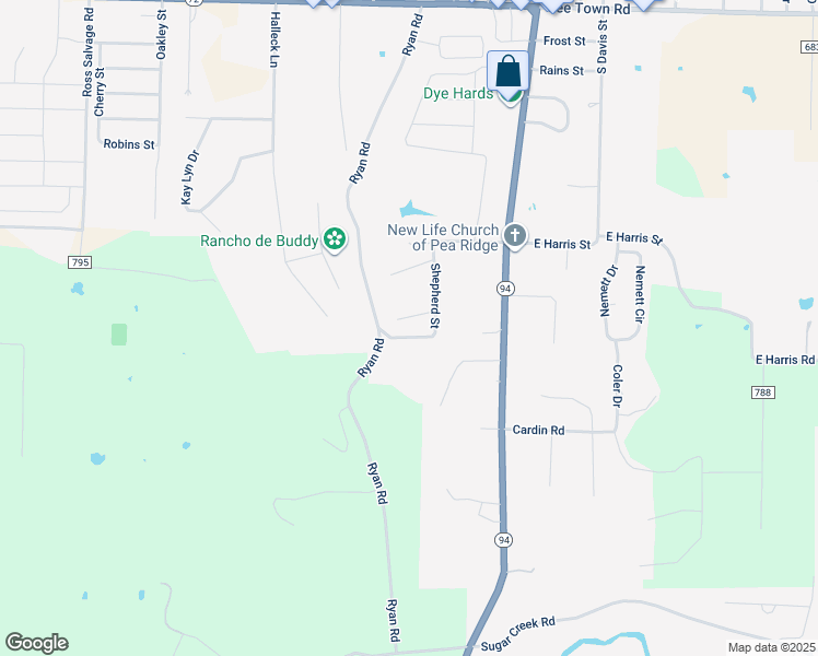 map of restaurants, bars, coffee shops, grocery stores, and more near 403 Grace Court in Pea Ridge