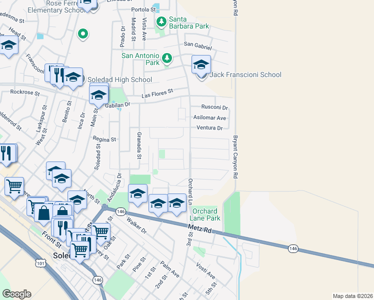 map of restaurants, bars, coffee shops, grocery stores, and more near 570 Tankersley Street in Soledad