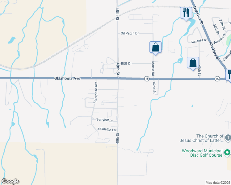 map of restaurants, bars, coffee shops, grocery stores, and more near 4805 Cedardale Road in Woodward