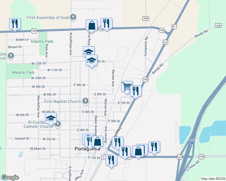 map of restaurants, bars, coffee shops, grocery stores, and more near 801 Barnes Avenue in Portageville