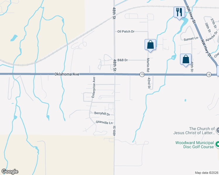 map of restaurants, bars, coffee shops, grocery stores, and more near 4805 Cedardale Road in Woodward