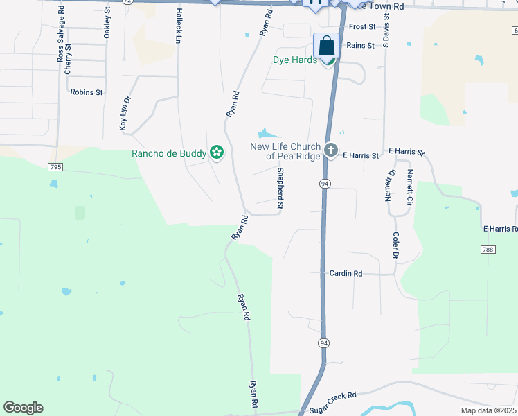 map of restaurants, bars, coffee shops, grocery stores, and more near 403 Grace Court in Pea Ridge