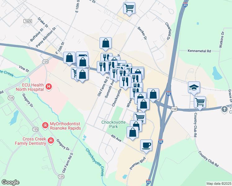 map of restaurants, bars, coffee shops, grocery stores, and more near 205 Chockoyotte Street in Roanoke Rapids