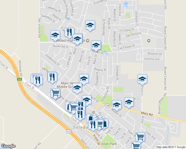 map of restaurants, bars, coffee shops, grocery stores, and more near 566 Main Street in Soledad