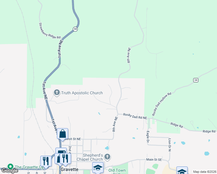 map of restaurants, bars, coffee shops, grocery stores, and more near 105 Deer Ridge Road Northeast in Gravette