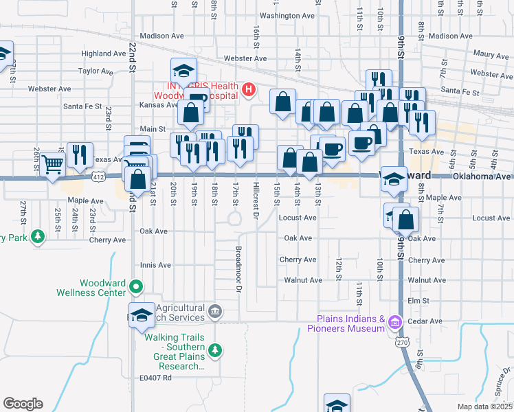 map of restaurants, bars, coffee shops, grocery stores, and more near in Woodward