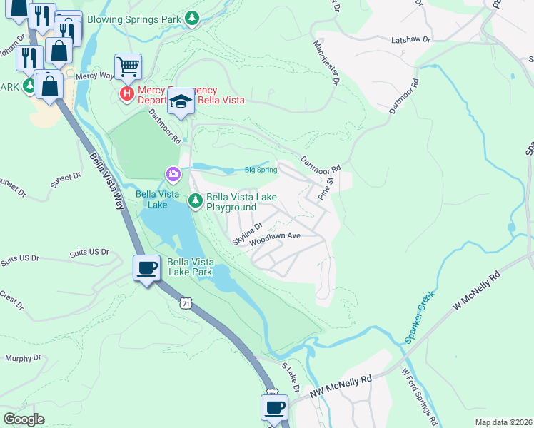 map of restaurants, bars, coffee shops, grocery stores, and more near 28 Skyline Drive in Bella Vista