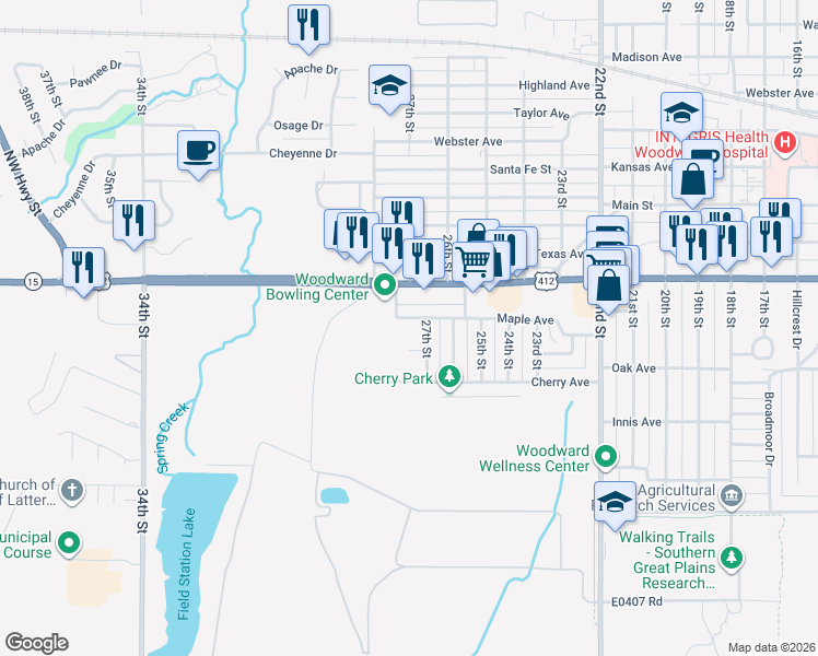 map of restaurants, bars, coffee shops, grocery stores, and more near 2725 Maple Avenue in Woodward