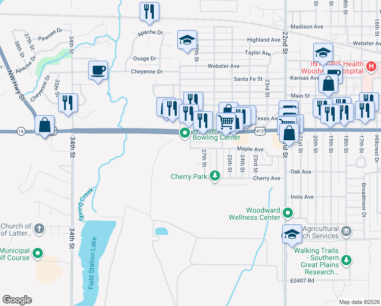 map of restaurants, bars, coffee shops, grocery stores, and more near 2725 Maple Avenue in Woodward