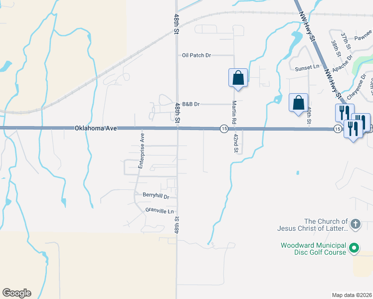 map of restaurants, bars, coffee shops, grocery stores, and more near 4713 Cottonwood Street in Woodward