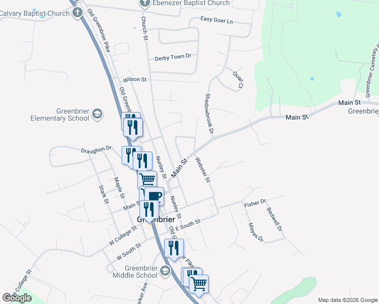 map of restaurants, bars, coffee shops, grocery stores, and more near 1354 Main Street in Greenbrier