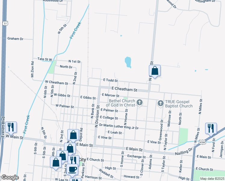 map of restaurants, bars, coffee shops, grocery stores, and more near 815 North Ury Street in Union City