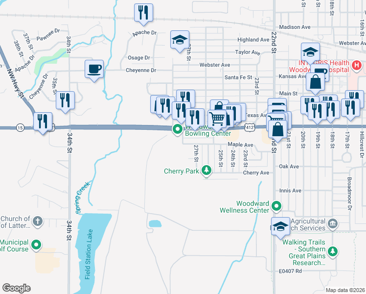 map of restaurants, bars, coffee shops, grocery stores, and more near 2725 Maple Avenue in Woodward