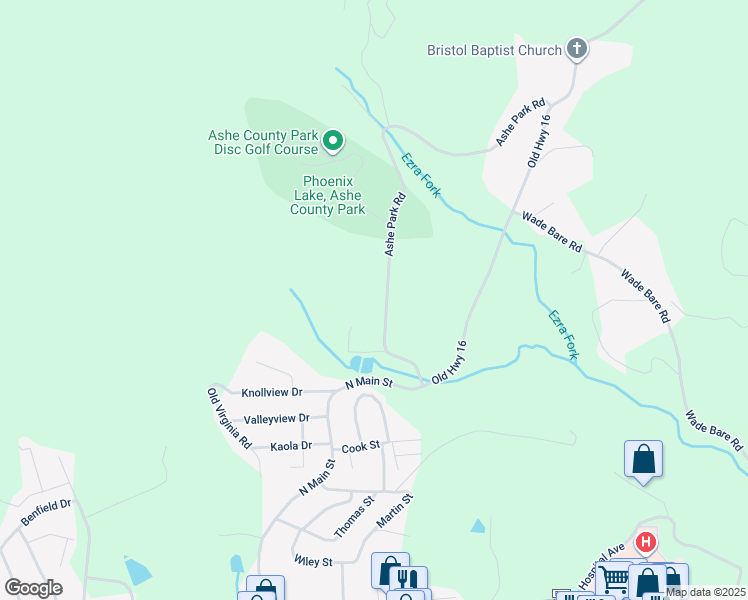 map of restaurants, bars, coffee shops, grocery stores, and more near 347 Ashe Park Road in Jefferson