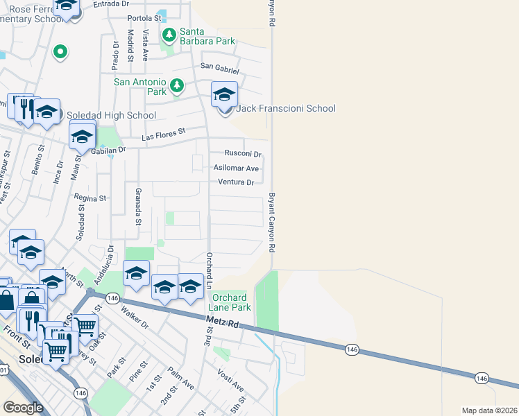 map of restaurants, bars, coffee shops, grocery stores, and more near 665 Molera Avenue in Soledad