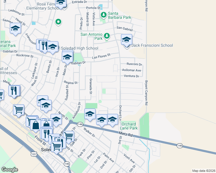 map of restaurants, bars, coffee shops, grocery stores, and more near 509 Davalos Street in Soledad