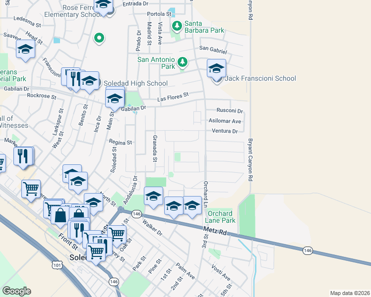 map of restaurants, bars, coffee shops, grocery stores, and more near 509 Davalos Street in Soledad