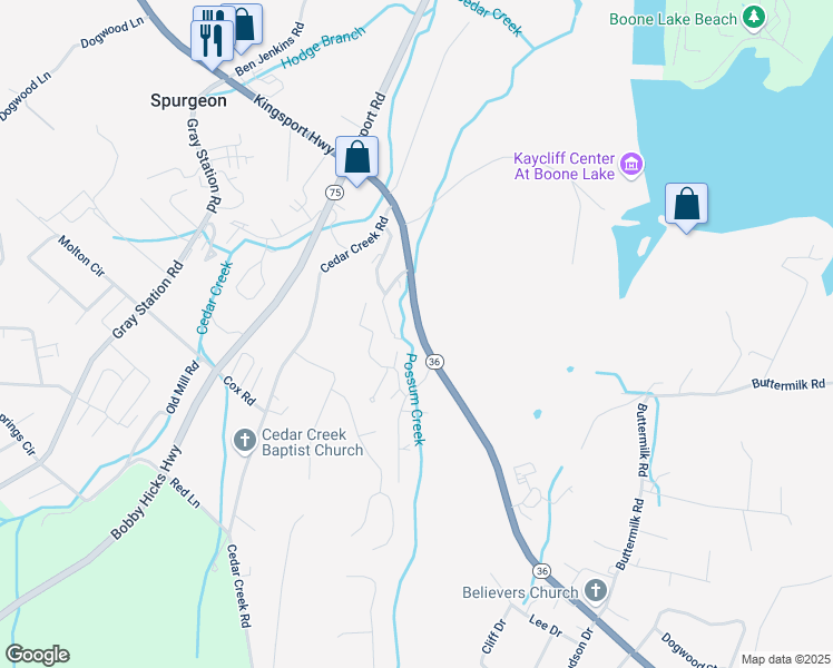 map of restaurants, bars, coffee shops, grocery stores, and more near 6315 Tennessee 36 in Johnson City