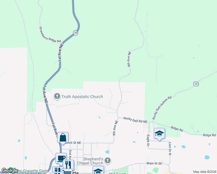 map of restaurants, bars, coffee shops, grocery stores, and more near 105 Deer Ridge Road Northeast in Gravette