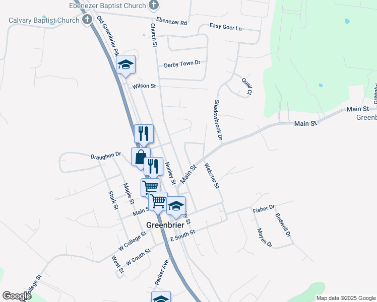 map of restaurants, bars, coffee shops, grocery stores, and more near 1354 Main Street in Greenbrier