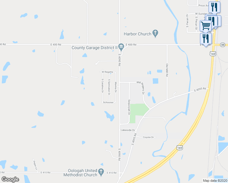 map of restaurants, bars, coffee shops, grocery stores, and more near 1127 Marina Drive in Oologah