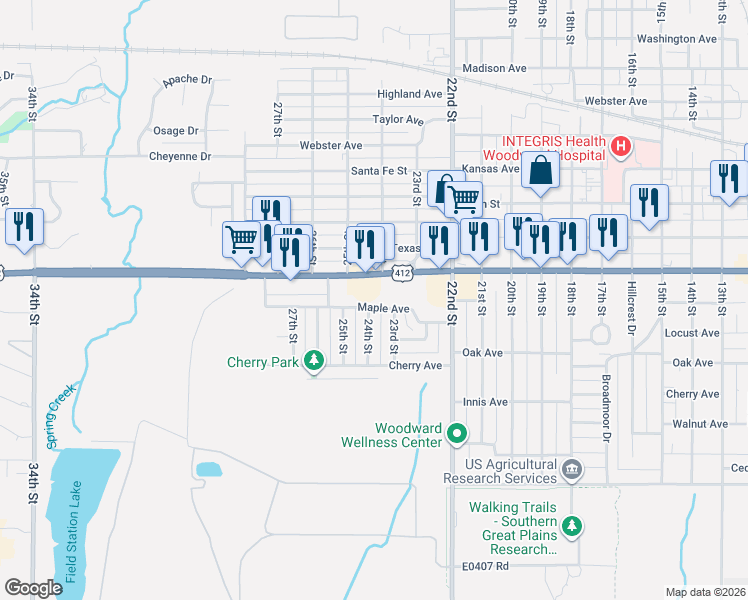 map of restaurants, bars, coffee shops, grocery stores, and more near 1409 24th Street in Woodward